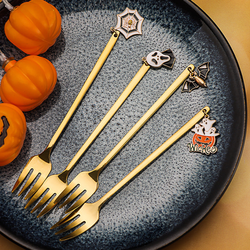 Halloween Pendant Stainless Steel Dessert Spoon, Creative Gold Pumpkin Coffee Stirrer, Cartoon Mini Fruit Fork Wholesale