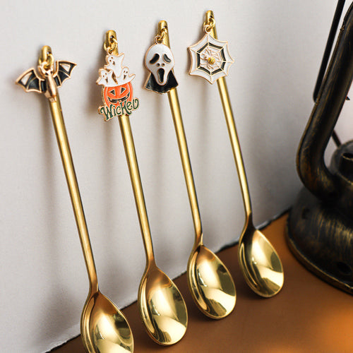 Halloween Pendant Stainless Steel Dessert Spoon, Creative Gold Pumpkin Coffee Stirrer, Cartoon Mini Fruit Fork Wholesale