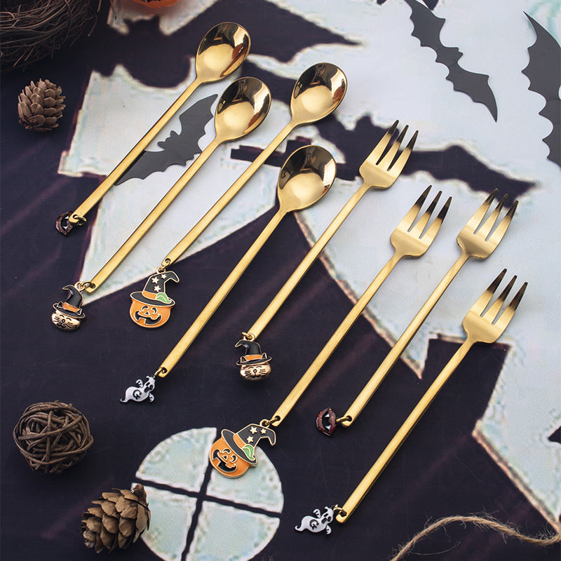 Halloween Pendant Stainless Steel Dessert Spoon, Creative Gold Pumpkin Coffee Stirrer, Cartoon Mini Fruit Fork Wholesale